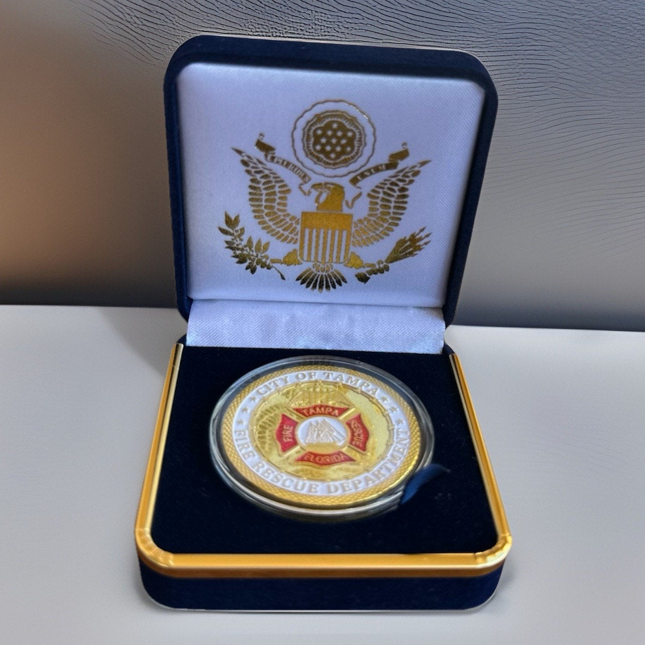 TAMPA FIRE-RESCUE DEPT Challenge Coin With Blue Velvet Case. Fast Shipping!
