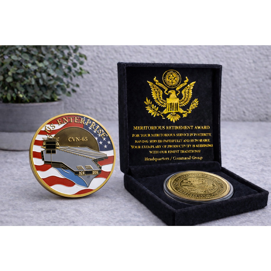 US NAVY - USS ENTERPRISE CVN-65 Challenge Coin USA w/ Retirement Award