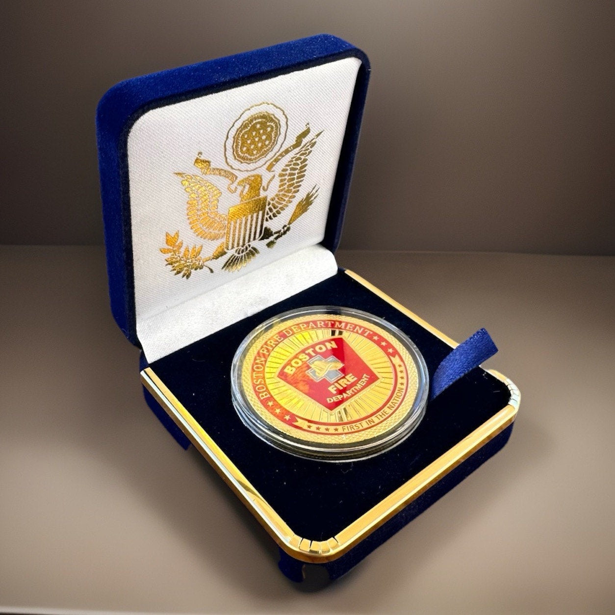 BOSTON Fire Dept. Challenge Coin With Blue Velvet Case. Fast Shipping!