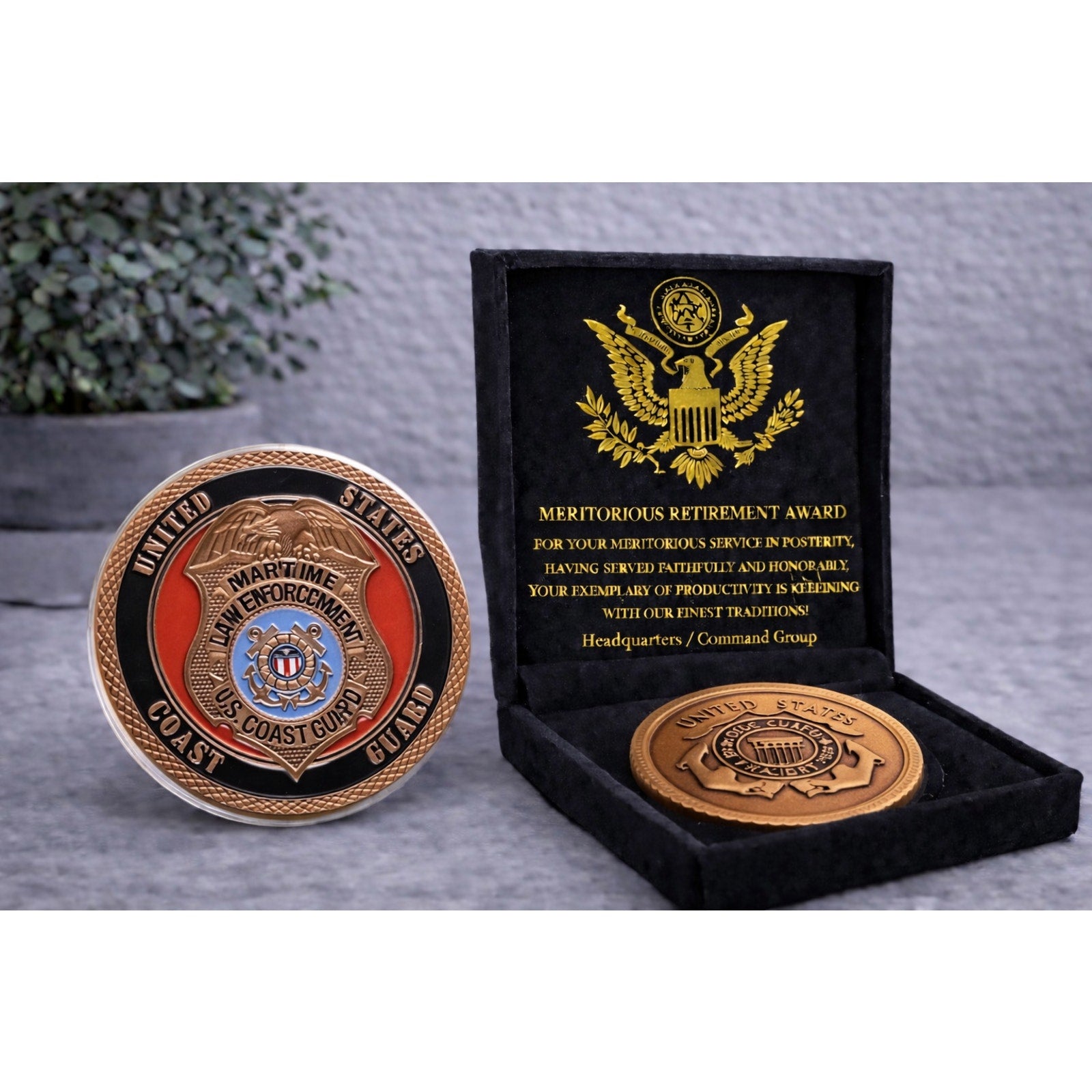 US COAST GUARD MARITIME LAW ENFORCEMENT Challenge Coin w/ Retirement Award