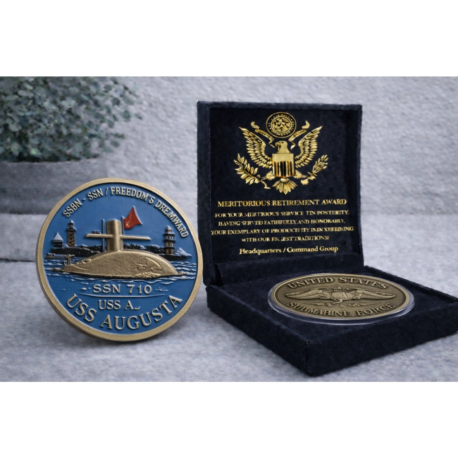 USS Augusta SSN 710 Submarine Challenge Coin USN w/ Retirement Award