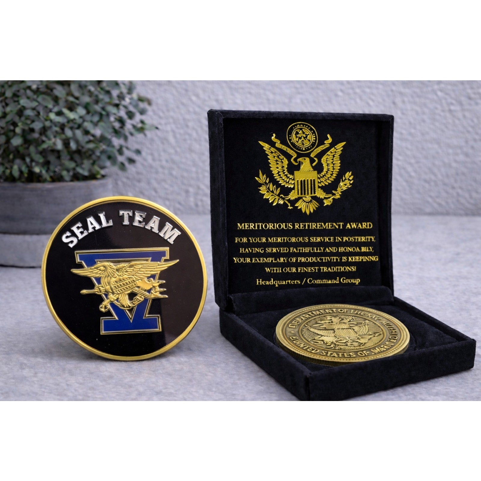 US NAVY SEAL TEAM FIVE With Beautiful velvet Case w/ Retirement Award