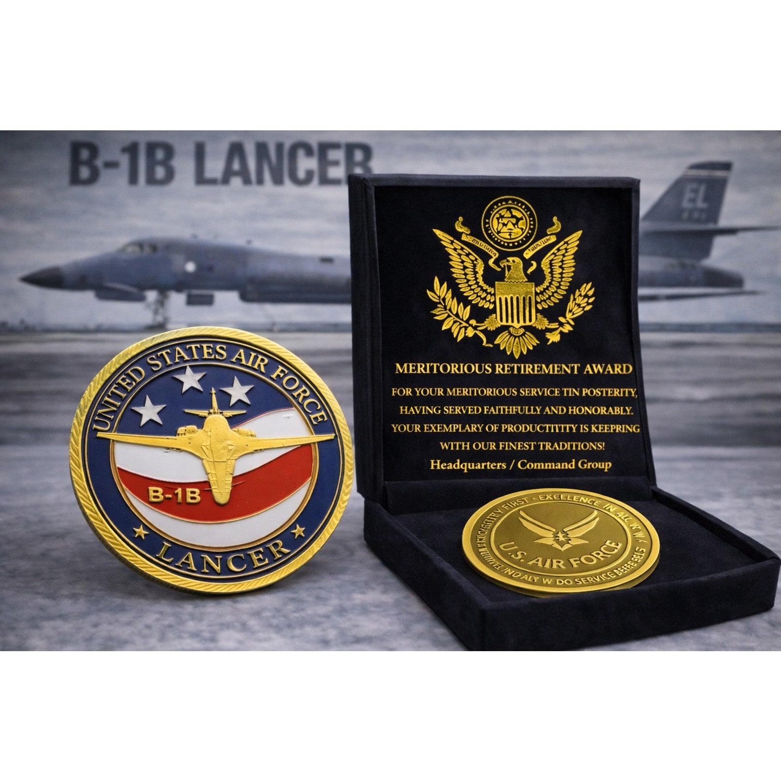 U S AIR FORCE B-1B Lancer Challenge Coin w/ Retirement Award