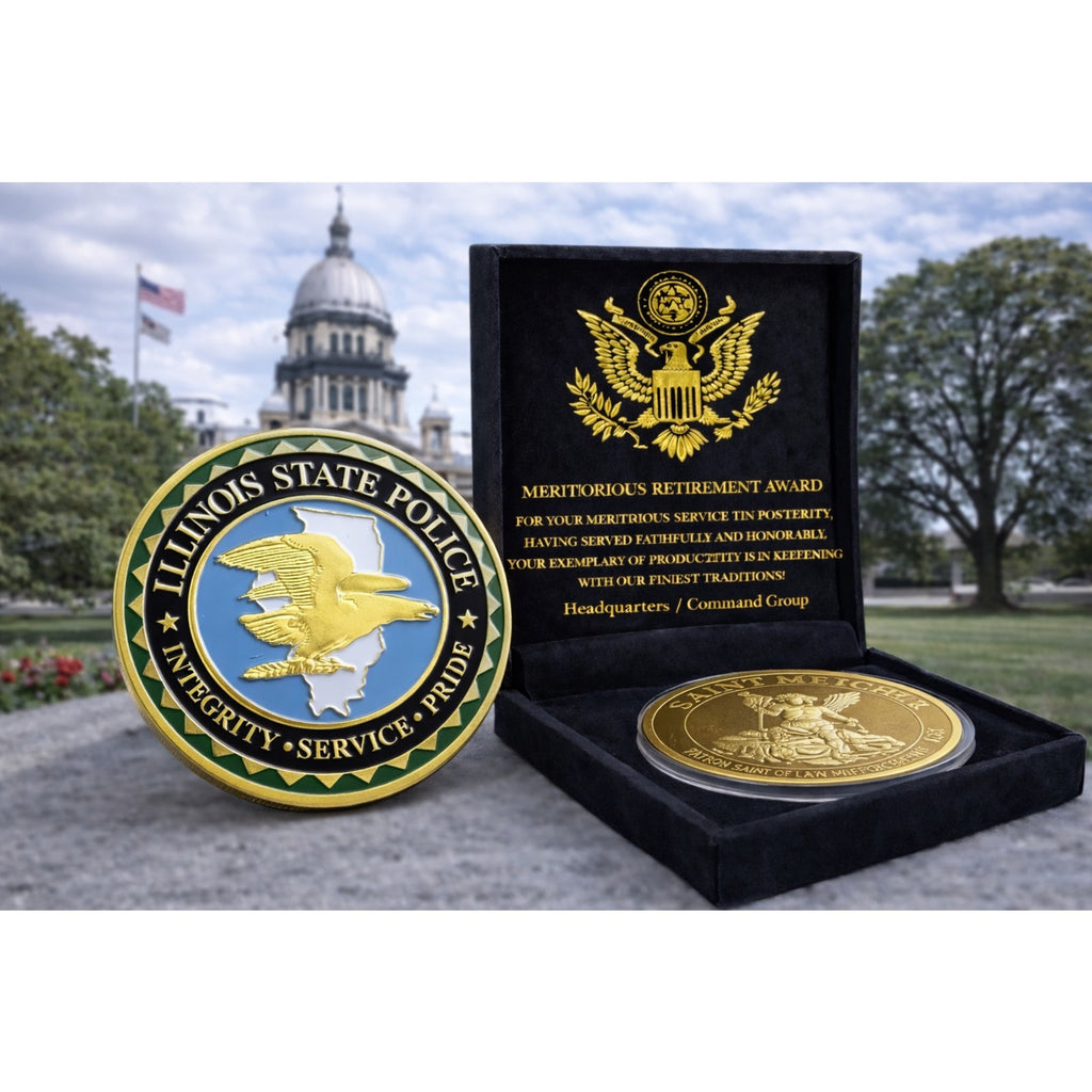 ILLINOIS STATE POLICE Officer Badge Challenge Coin w/ Retirement Award