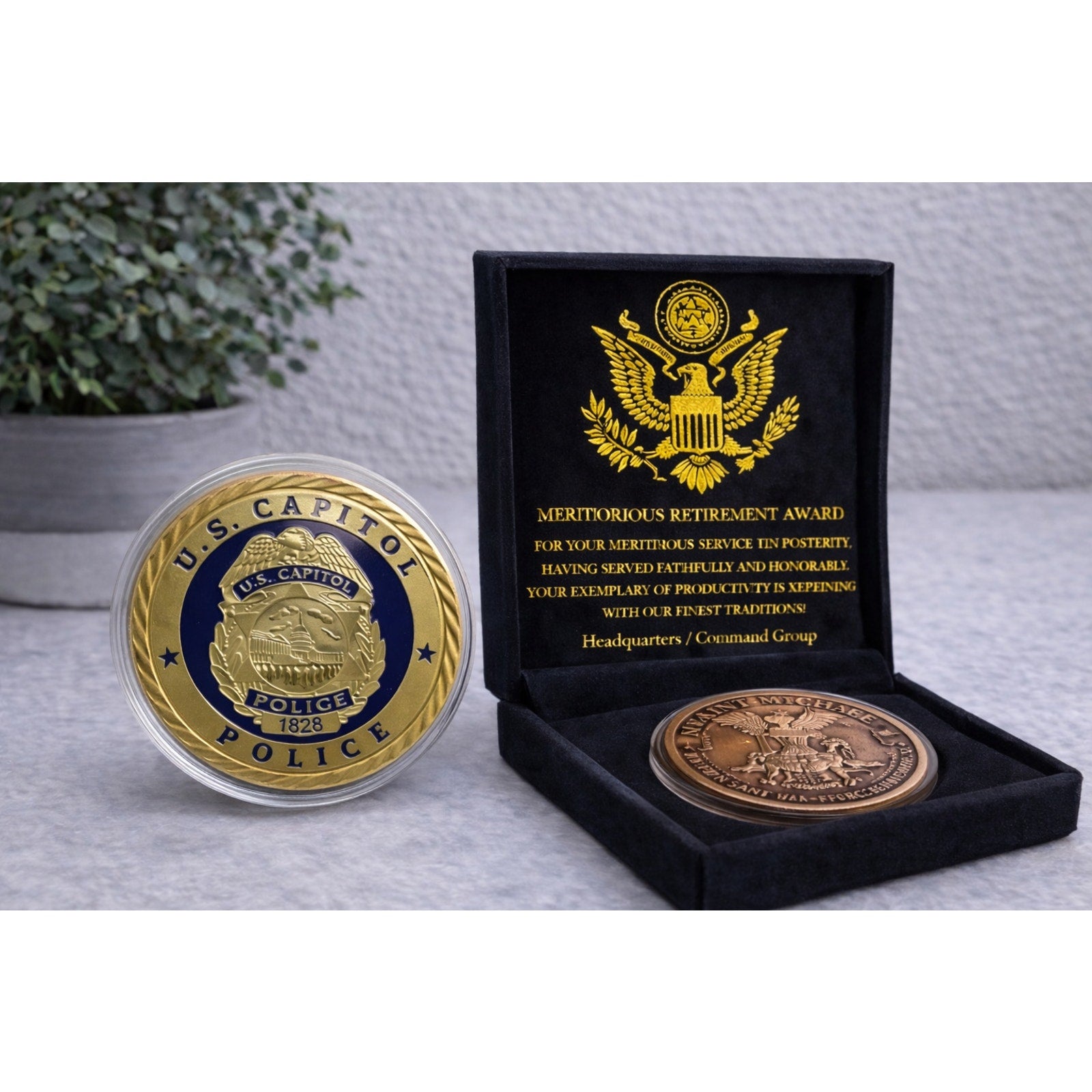 US CAPITOL POLICE-Washington DC Challenge Coin St Michael w/ Retirement Award