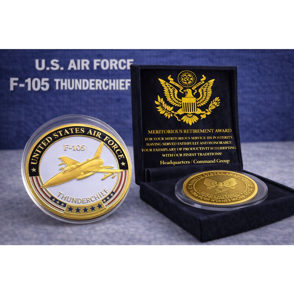 U S AIR FORCE F-105 THUNDERCHIEF Challenge Coin USA AF w/ Retirement Award