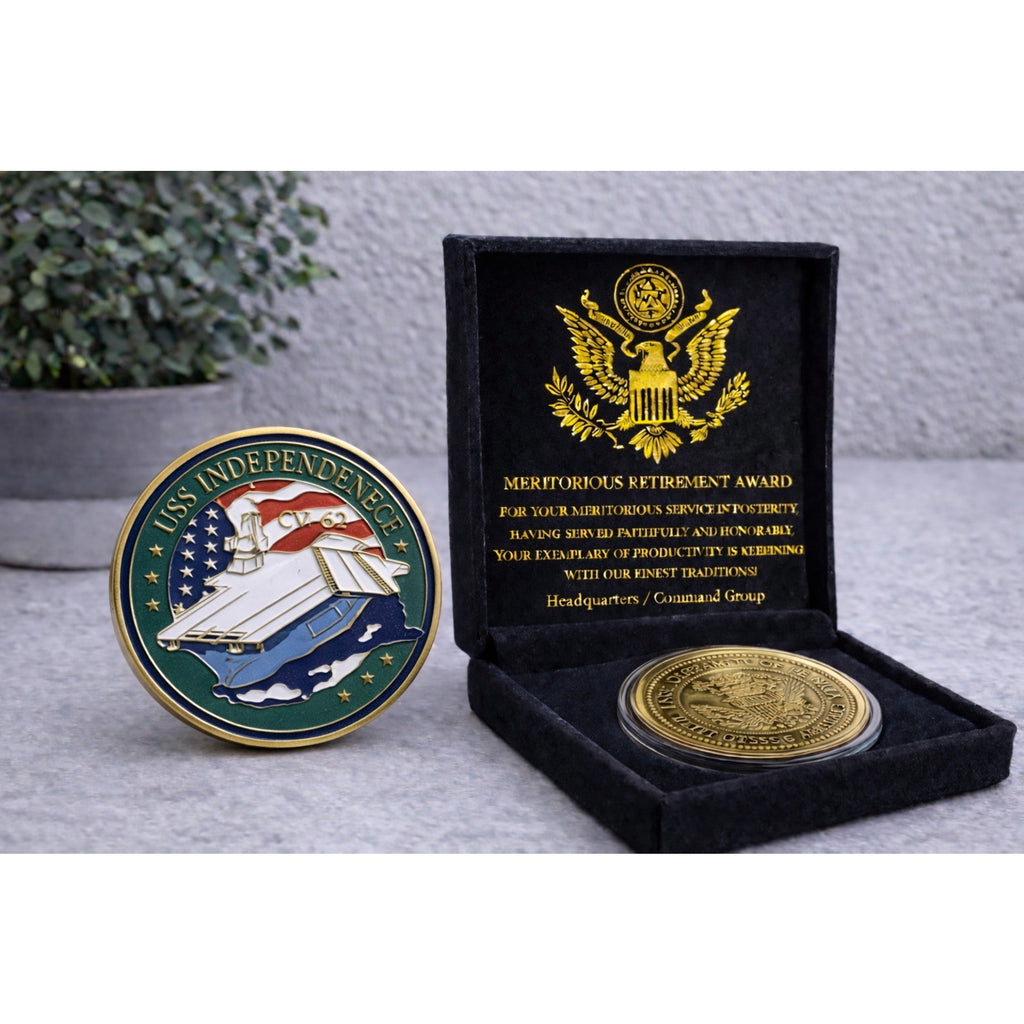 US NAVY - USS SARATOGA - CV-60 - Challenge Coin USA w/ Retirement Award