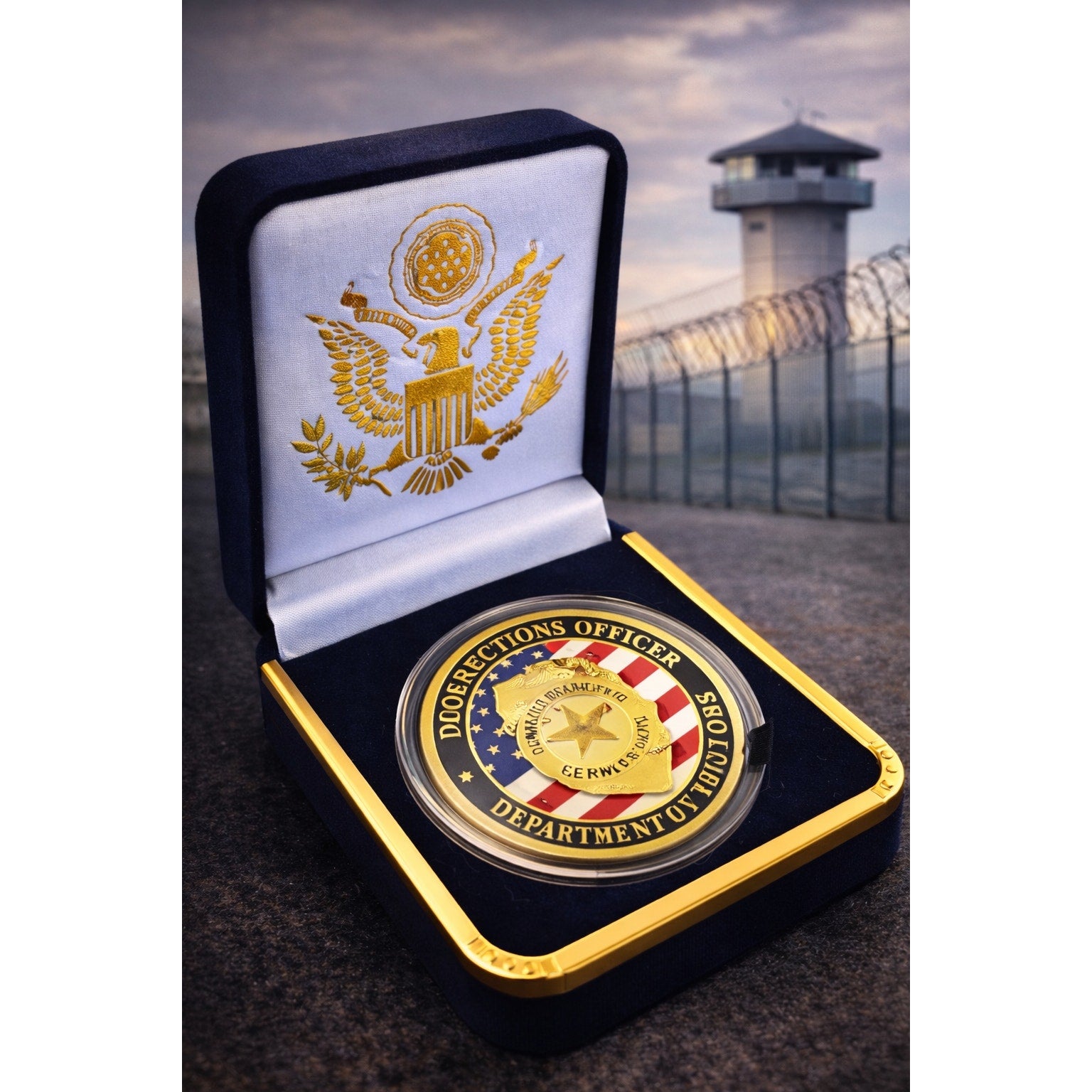 Department of Corrections Officer Challenge Coin With Blue Velvet Case M