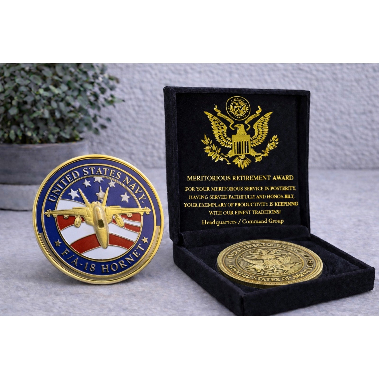 U S NAVY F/A 18 HORNET Challenge Coin with special velvet w/ Retirement Award