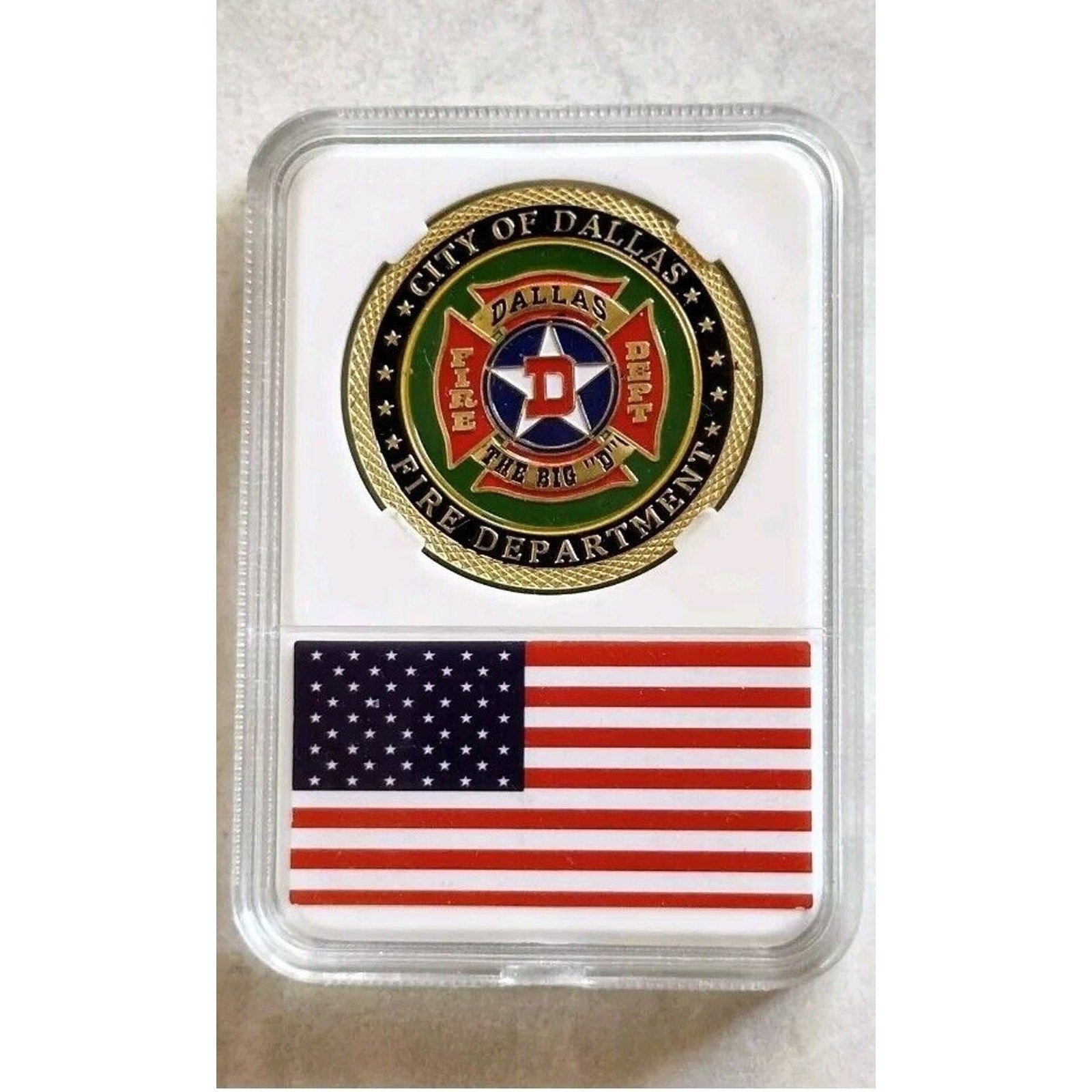 2pcs DALLAS FIRE DEPT - The Big "D" Challenge Coin Come With Case And Dog Tag