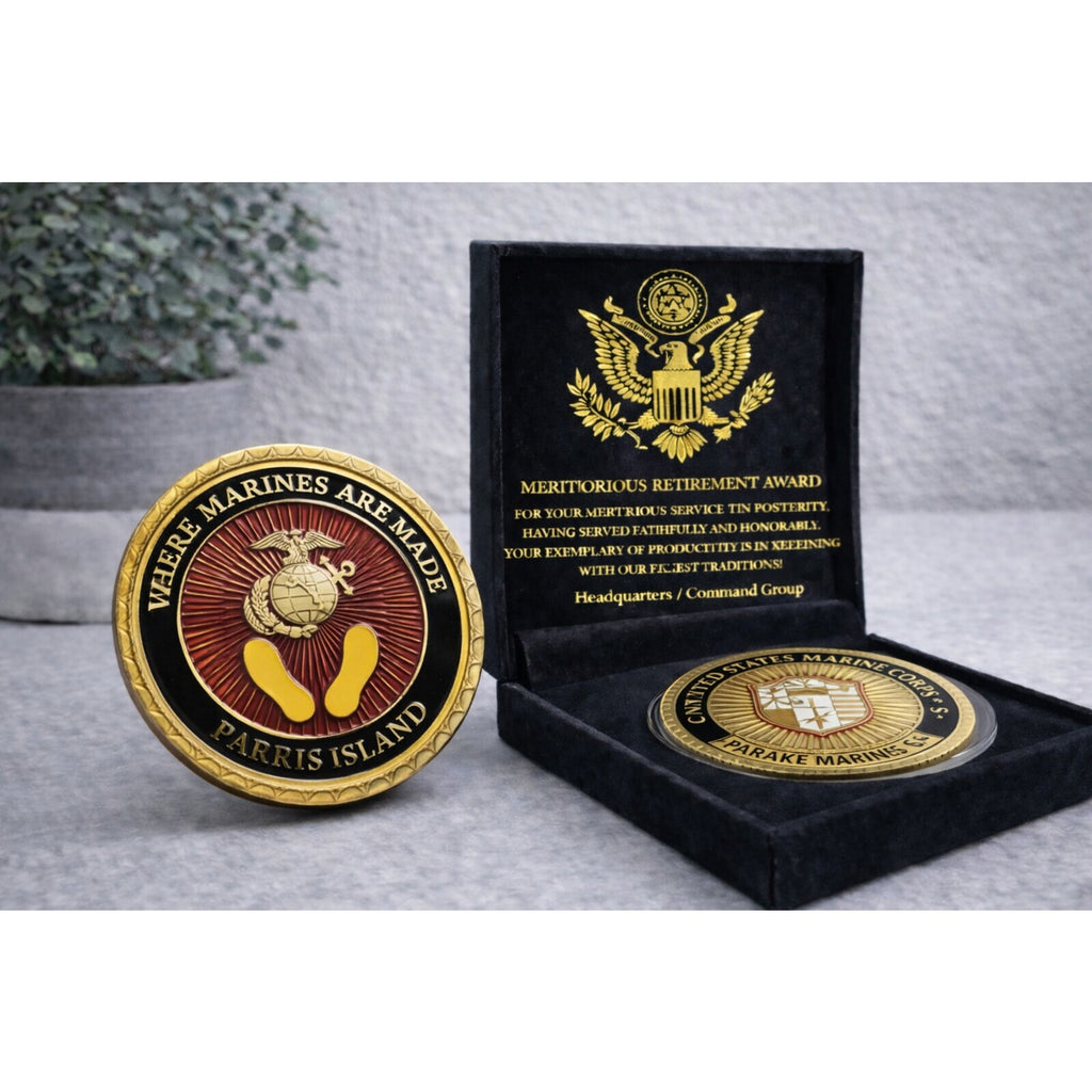 PARRIS ISLAND - USMC RECRUIT DEPOT Challenge Coin w/ Retirement Award
