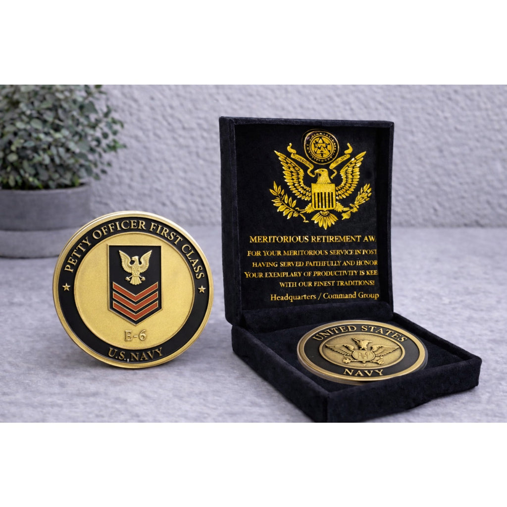 U.S. NAVY RANK COIN: NAVAL E6 PETTY OFFICER FIRST CLASS w/ Retirement Award