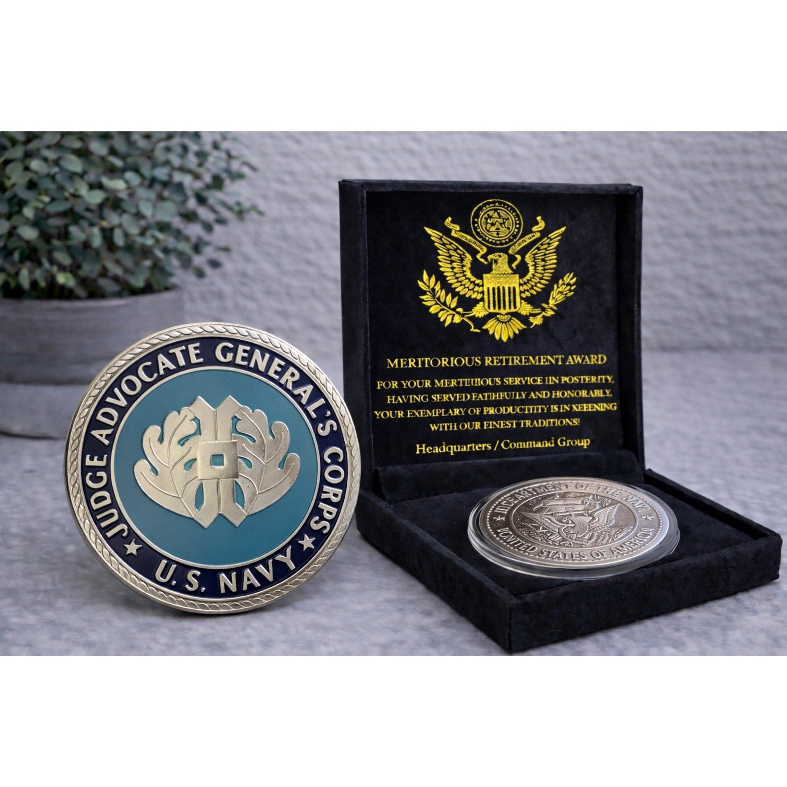 US NAVY (JAG) JUDGE ADVOCATE GENERAL'S CORPS Challenge Coin w/ Retirement Award