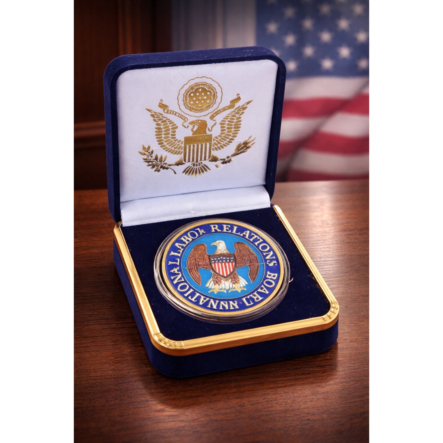 National Labor Relations Board Challenge Coin With Blue Velvet Case.
