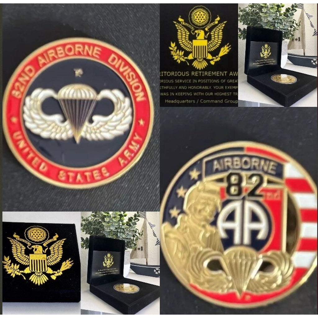 US Army 82nd Airborne Division Jump Wings Coin With Retirement Award