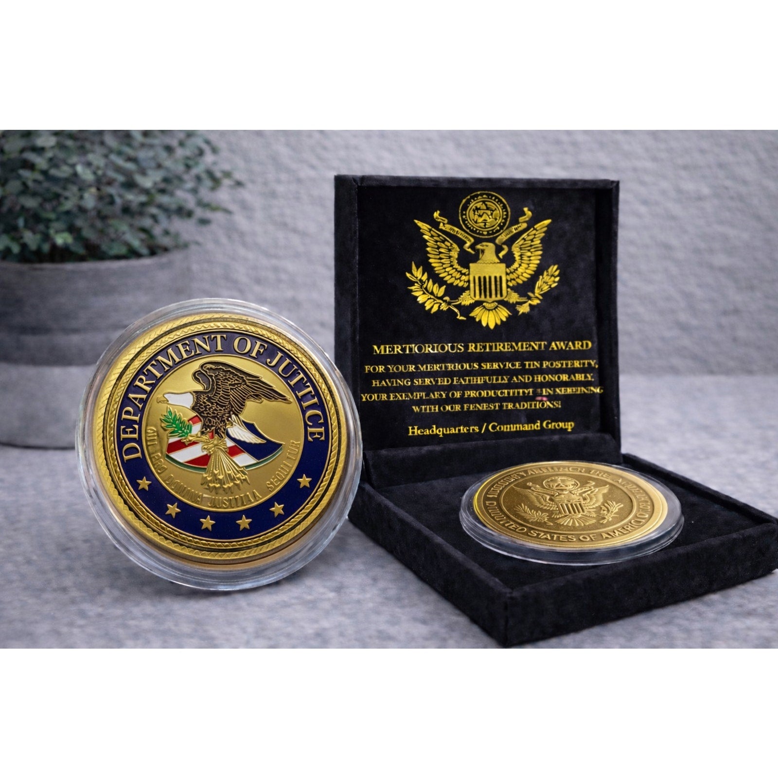 DOJ United States DEPARTMENT OF JUSTICE FBI Challenge Coin w/ Retirement Award
