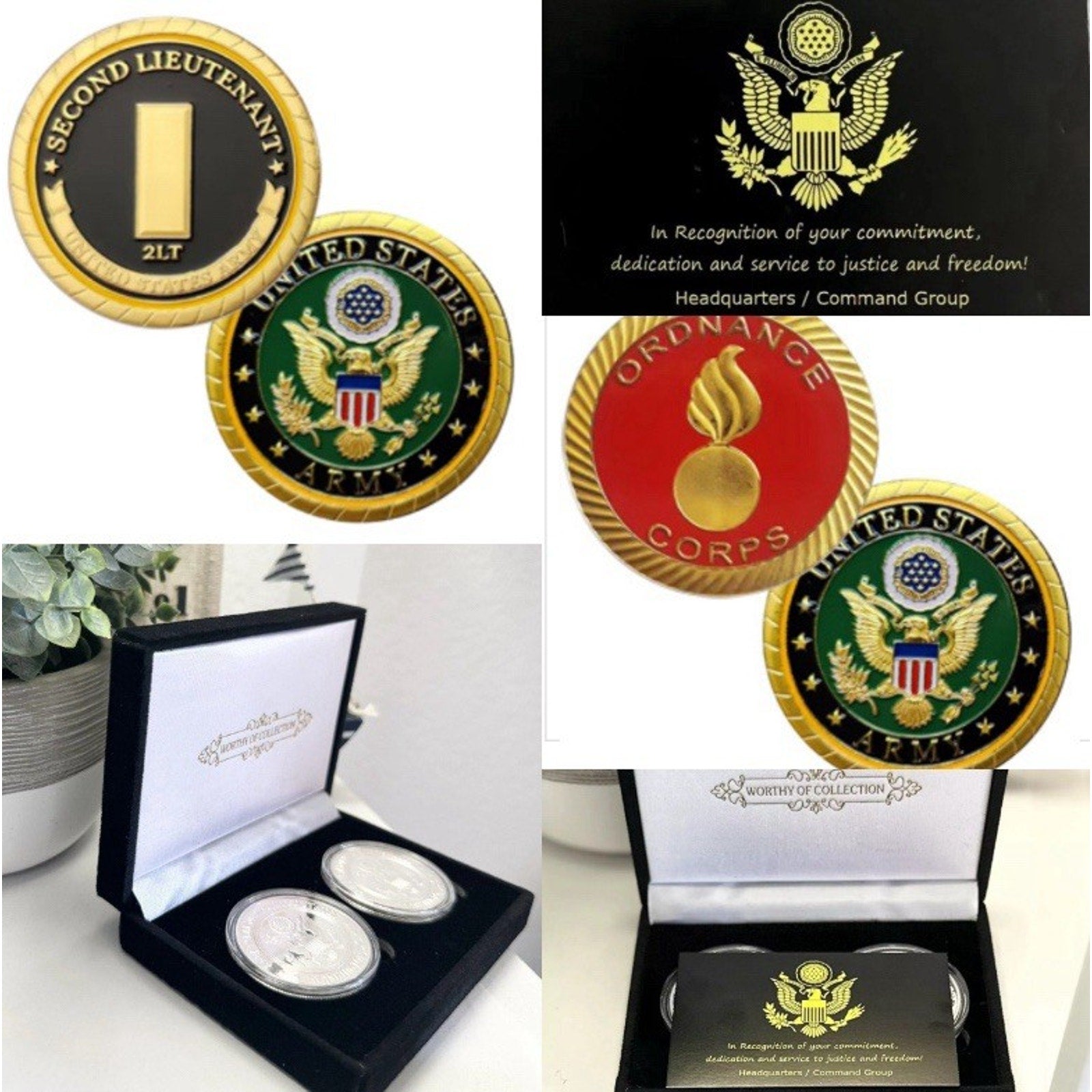 2pcs Army Rank 2LT 2nd O-2 And Ordnance Corps Coin