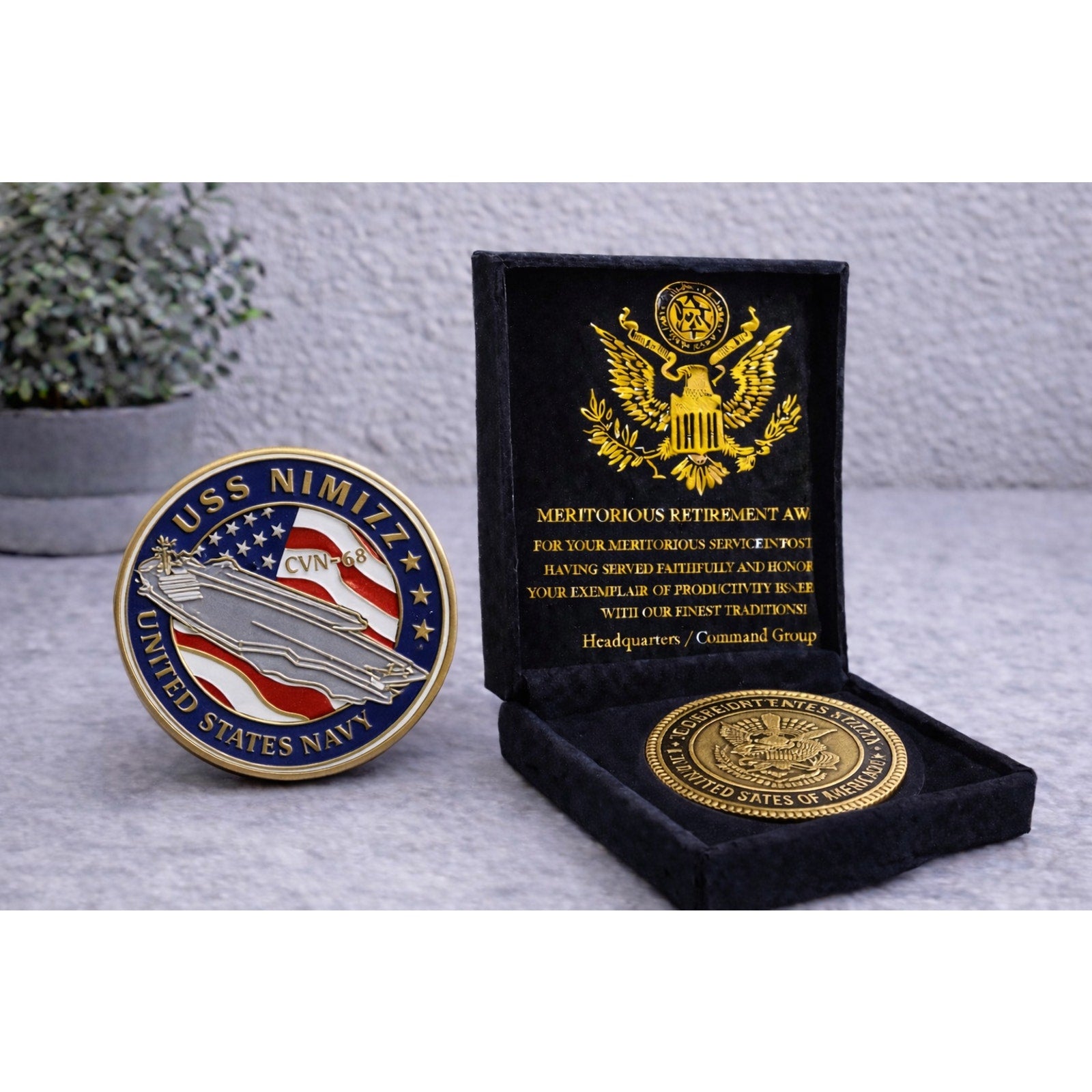 US NAVY - USS NIMITZ CVN-68 Challenge Coin With Velvet Case w/ Retirement Award