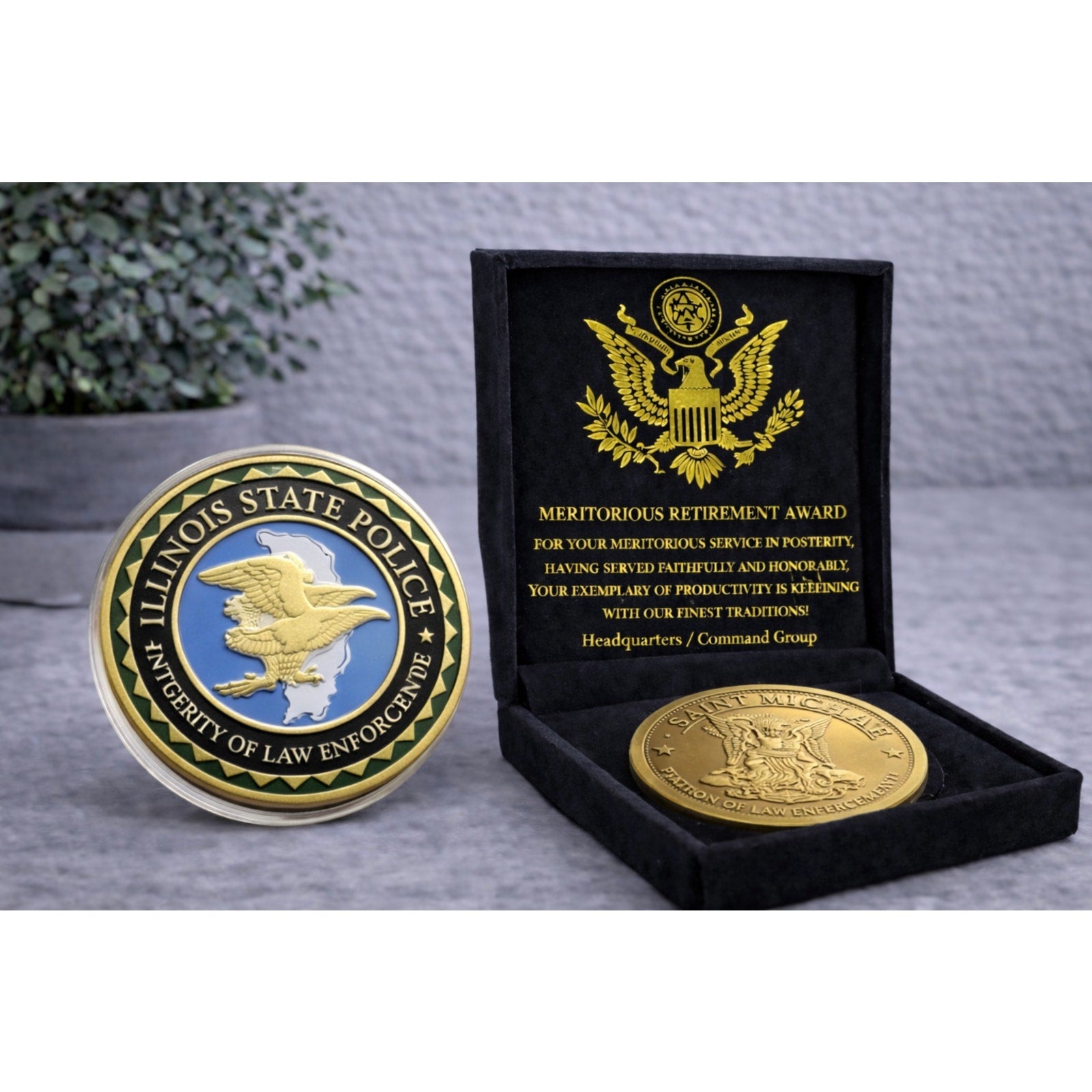 ILLINOIS STATE POLICE Challenge Coin w/ Retirement Award