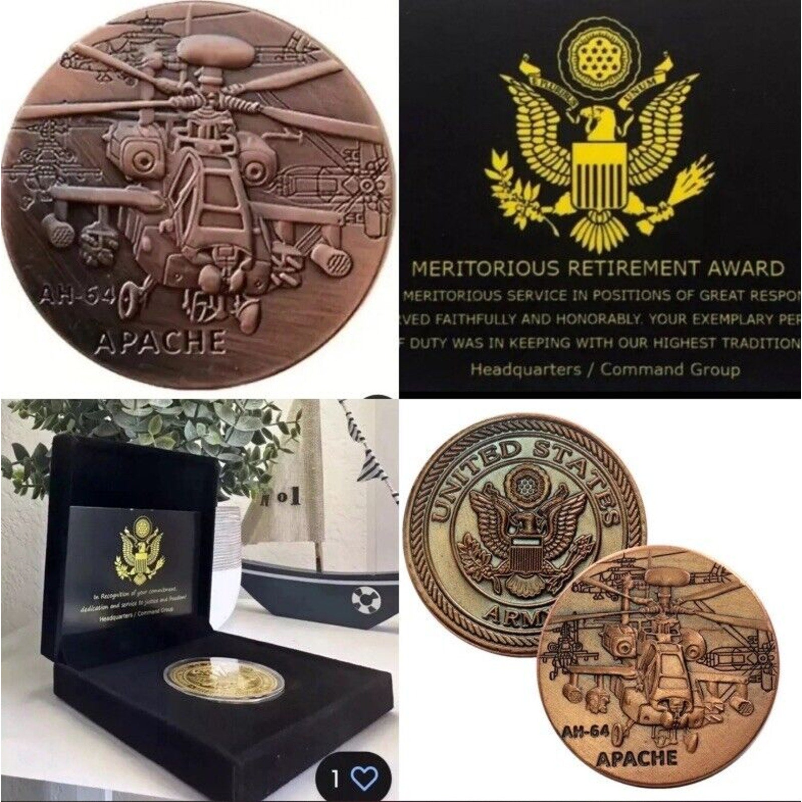 U.S. ARMY Aviation AH-64 APACHE, CHALLENGE COIN With Retirement Award