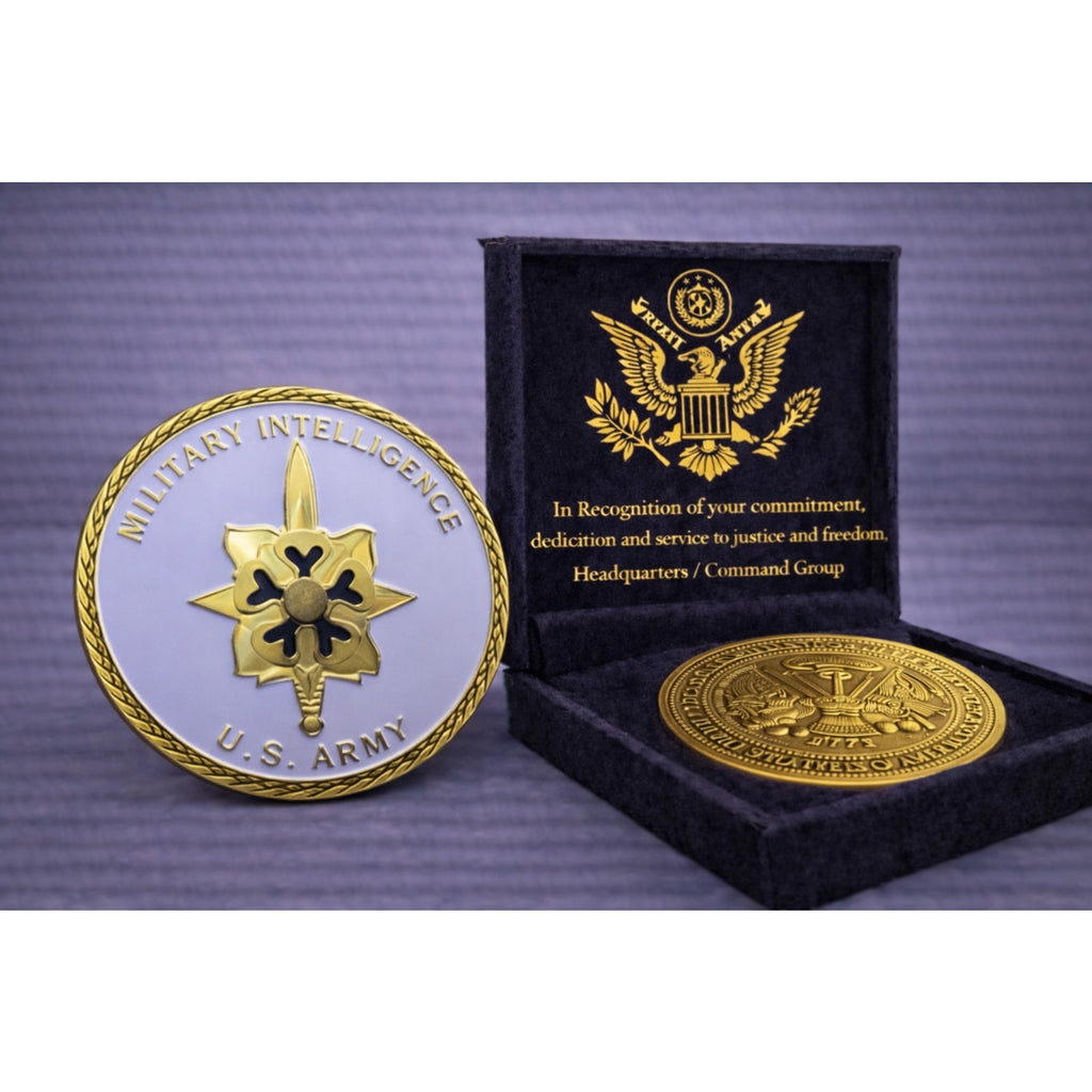 ARMY MILITARY INTELLIGENCE MI CHALLENGE COIN w/ Achievement Award