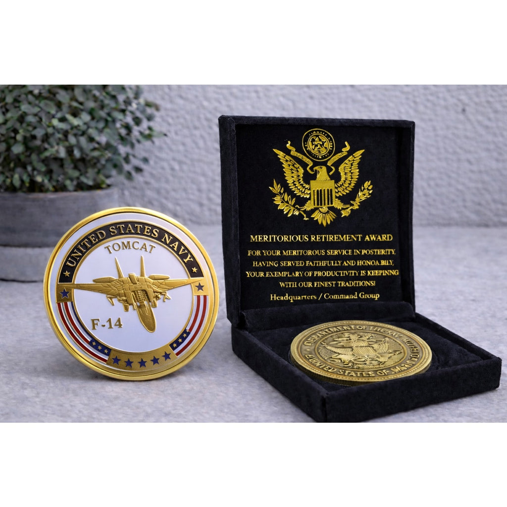U S NAVY F-14 TOMCAT Challenge Coin with Special Velvet Case w/ Retirement Award