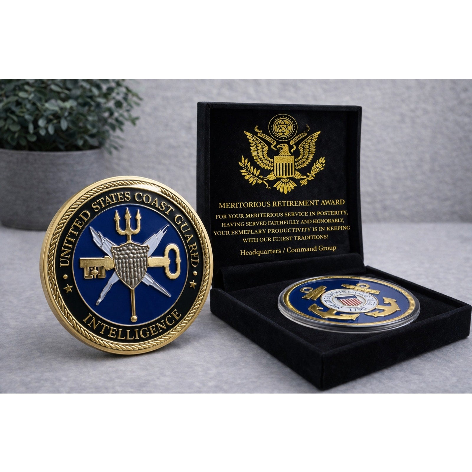 US COAST GUARD INTELLIGENCE Challenge Coin w/ Retirement Award