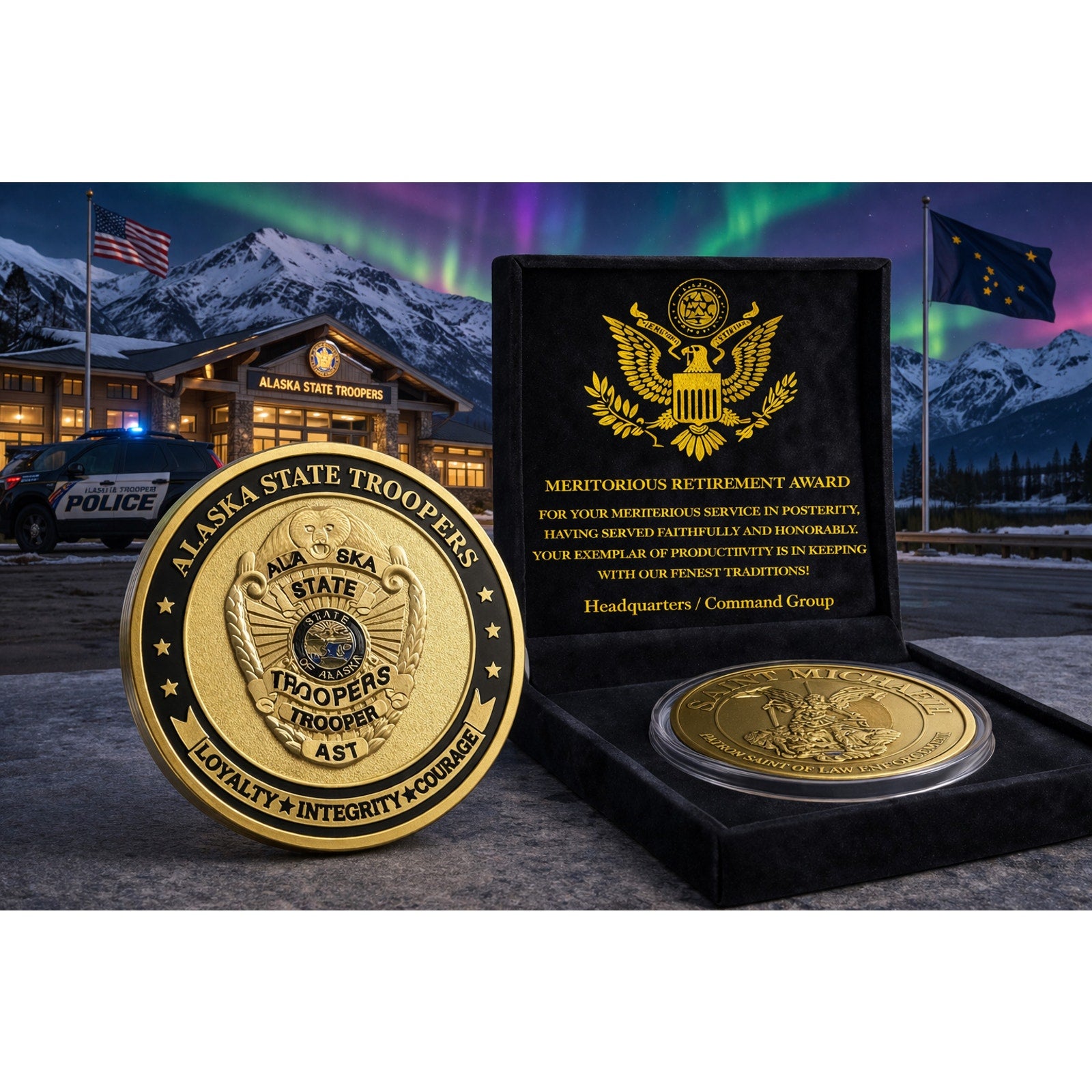 ALASKA STATE TROOPERS Police Officer Challenge Coin w/ Retirement Award
