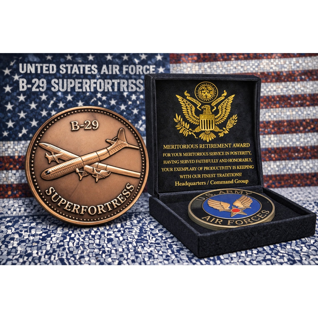 US ARMY VETERAN AIR FORCES B-29 SUPERFORTRESS Challenge Coin w/ Retirement Awar