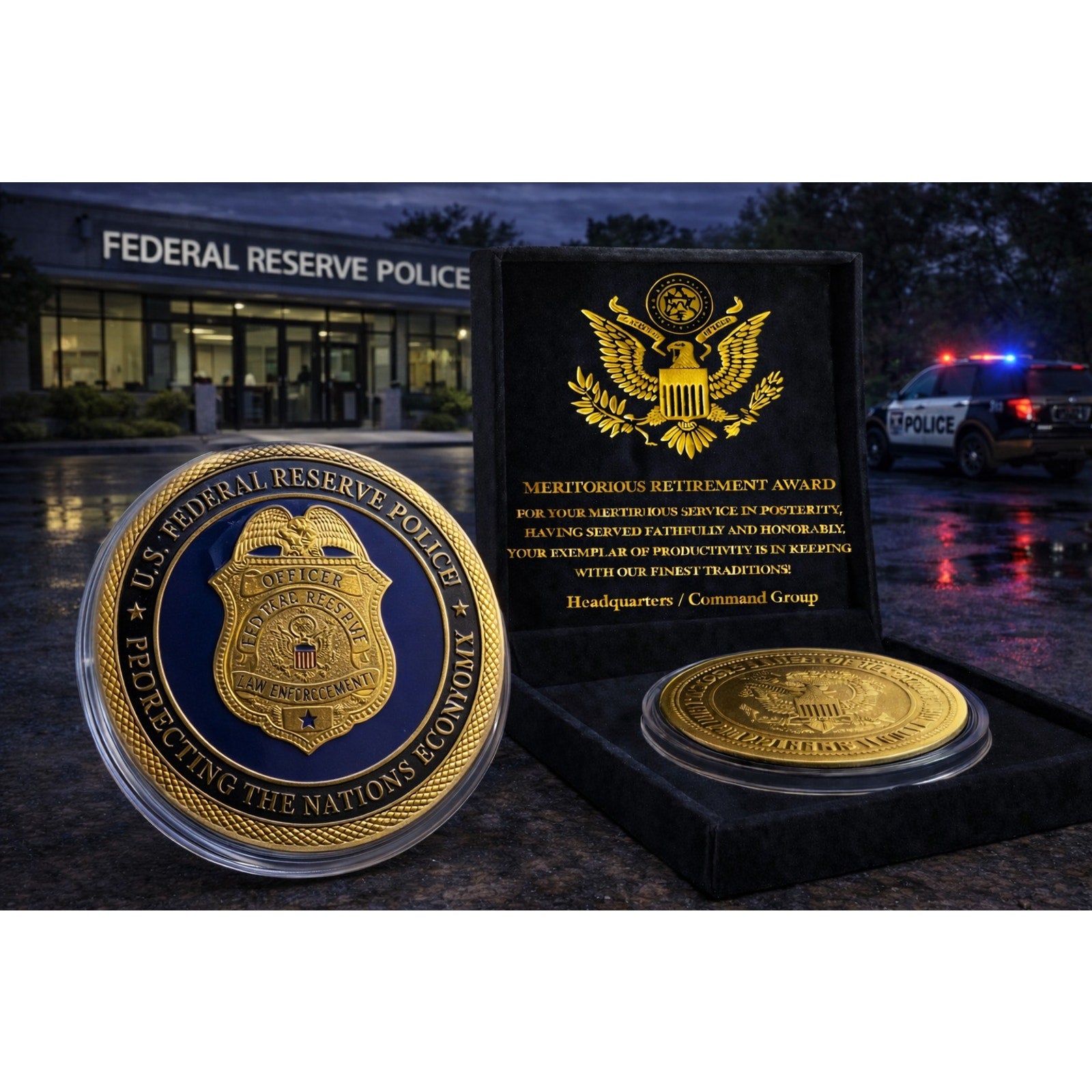 U S FEDERAL RESERVE POLICE Office Department Challenge Coin w/ Retirement Award