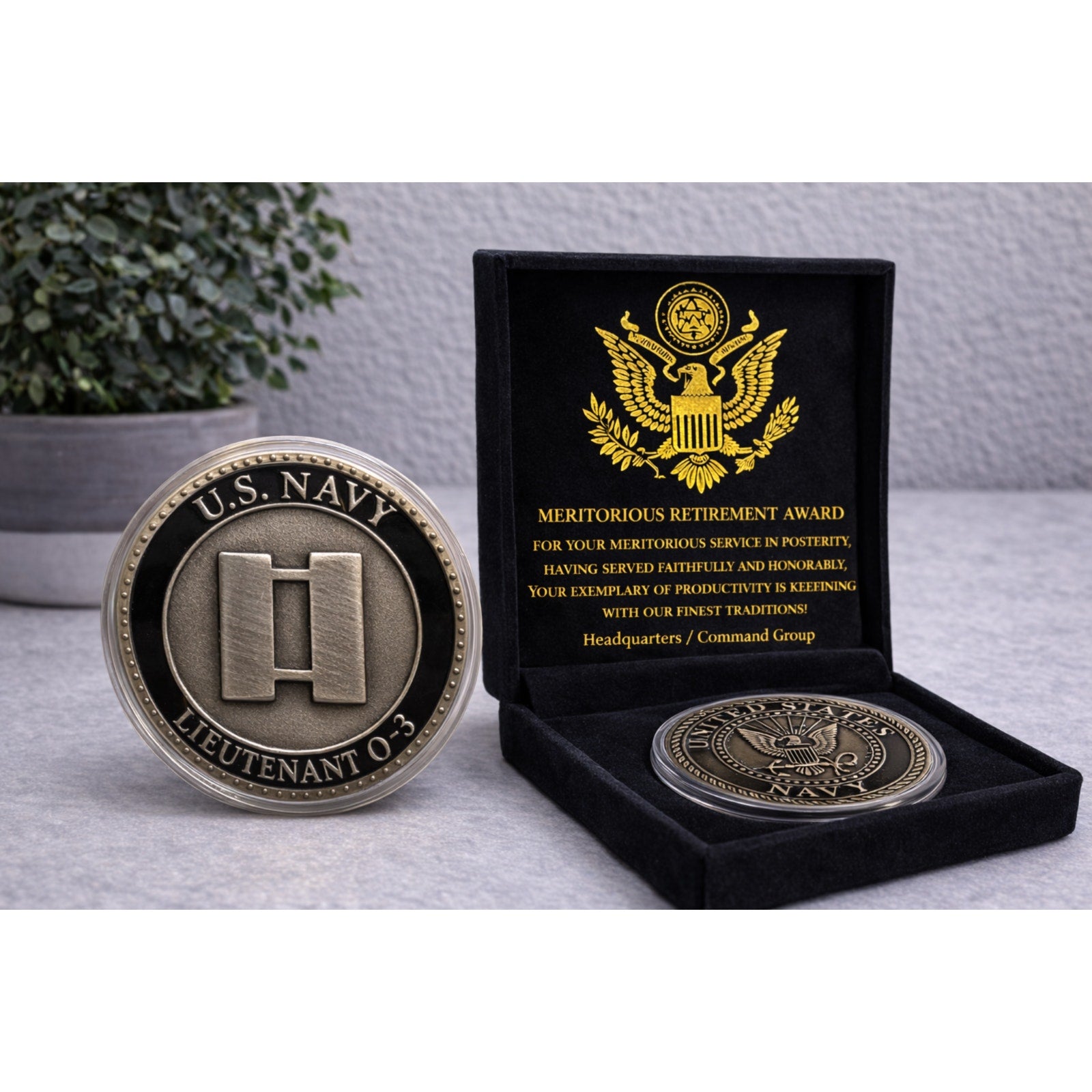 US NAVY LIEUTENANT 0-3 LT COIN PROMOTION GIFT RANK OFFICER w/ Retirement Award