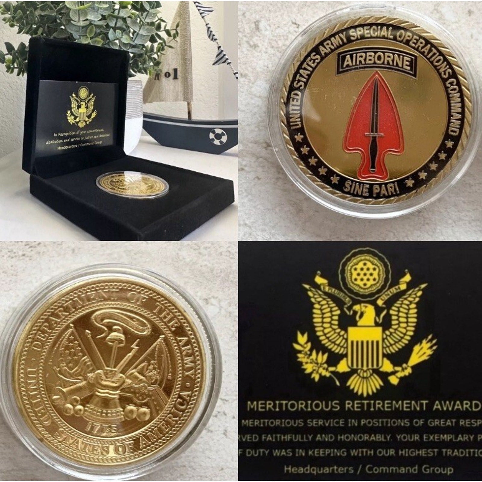 US ARMY SPECIAL OPERATIONS COMMAND SINE PARI MILITARY COIN W/ Retirement Award