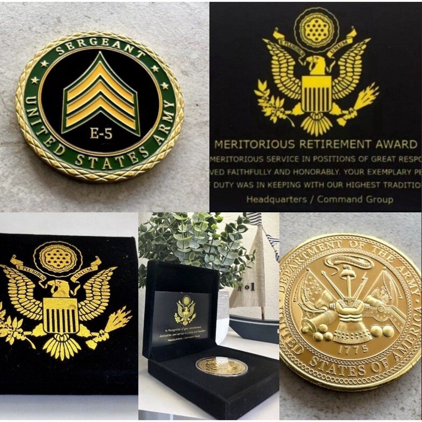 U.S. Army Sergeant E-5 Rank Challenge Coin With Retirement Award