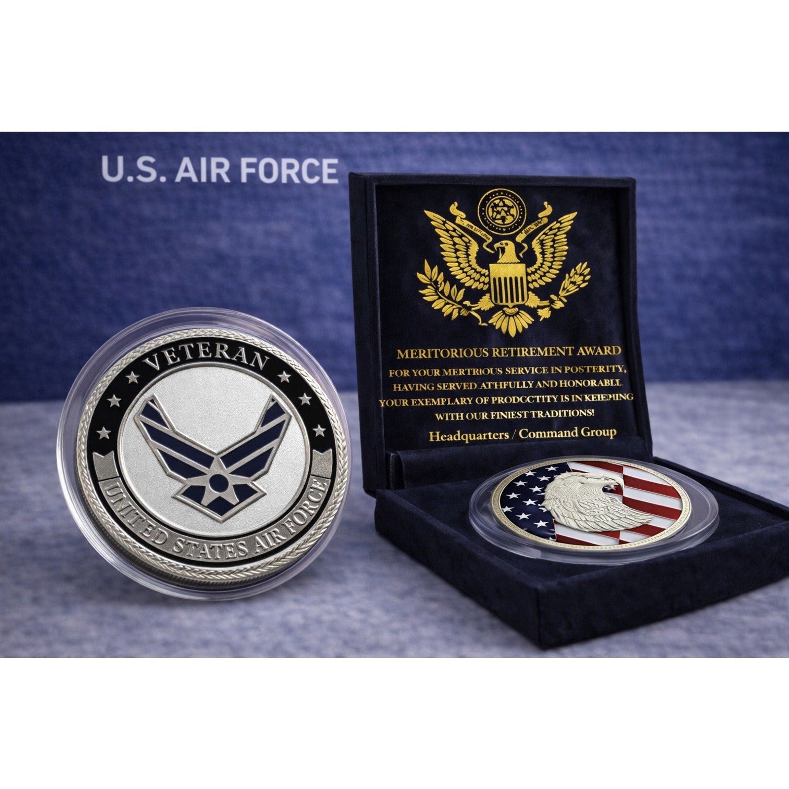 NEW USAF Air Force Veteran with eagle & flag Challenge Coin w/ Retirement Award
