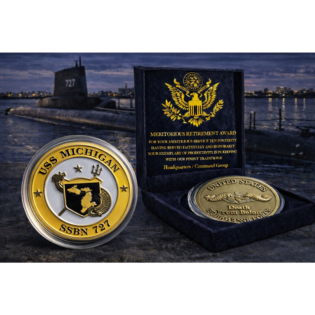 Rare USS Michigan SSBN 727 Submarine Challenge Coin USN w/ Retirement Award