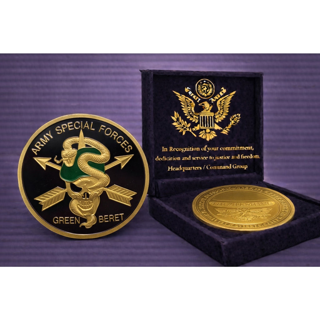 U.S. United States Army Special Forces Green Beret Gold Plated Challenge Coin