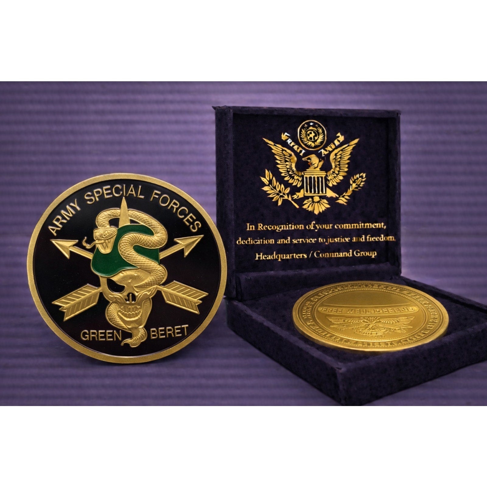 U.S. United States Army Special Forces Green Beret Gold Plated Challenge Coin