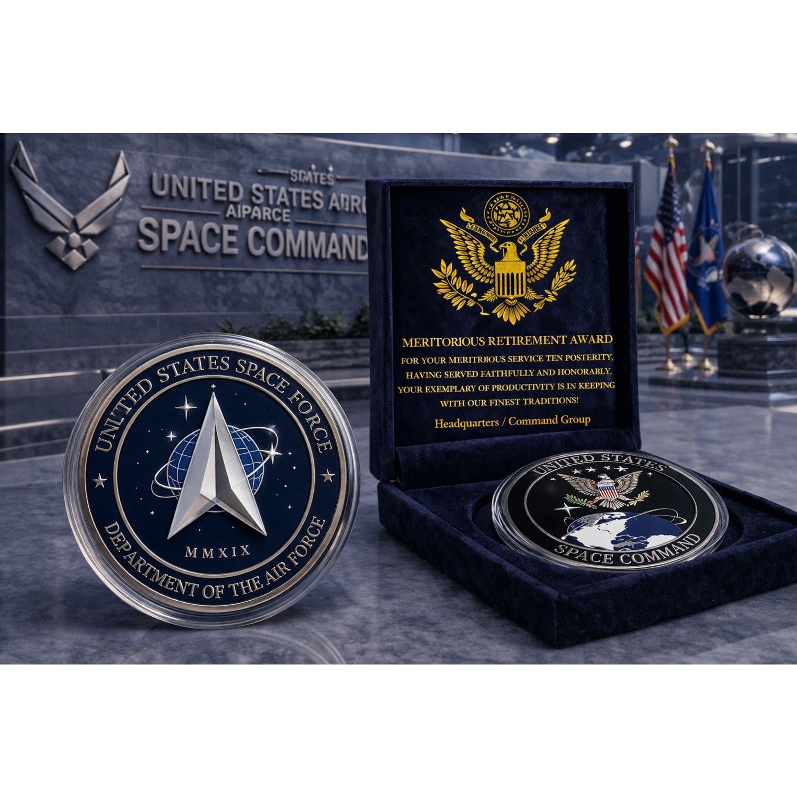 United State AIR FORCE SPACE COMMAND Challenge Coin w/ Retirement Award
