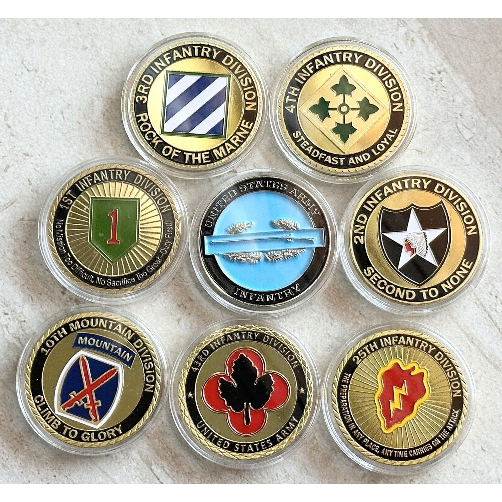 8 Pcs US Army Collector Coin Army Infantry Division 1st 2 3rd 4th 10th 25t 43rd
