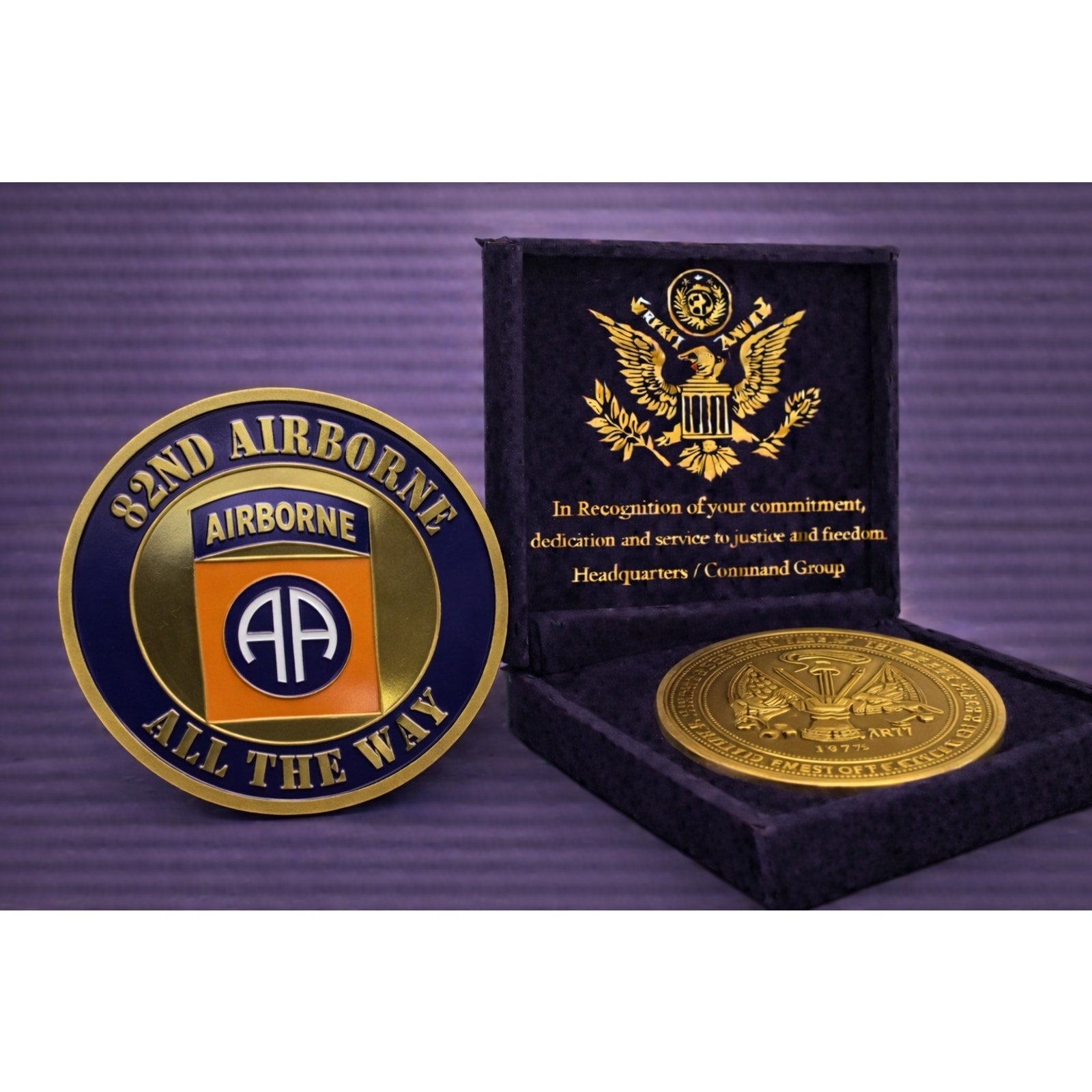 US ARMY 82nd Airborne Division "All The Way" Challenge Coin w/ Achievement Award