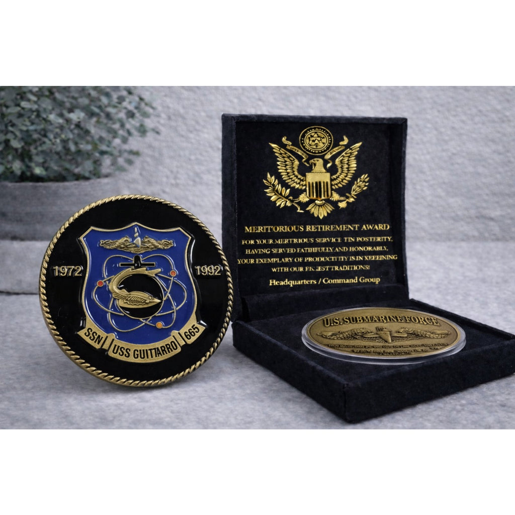 Rare USS Guitarro SSN 665 Submarine Challenge Coin USN w/ Retirement Award
