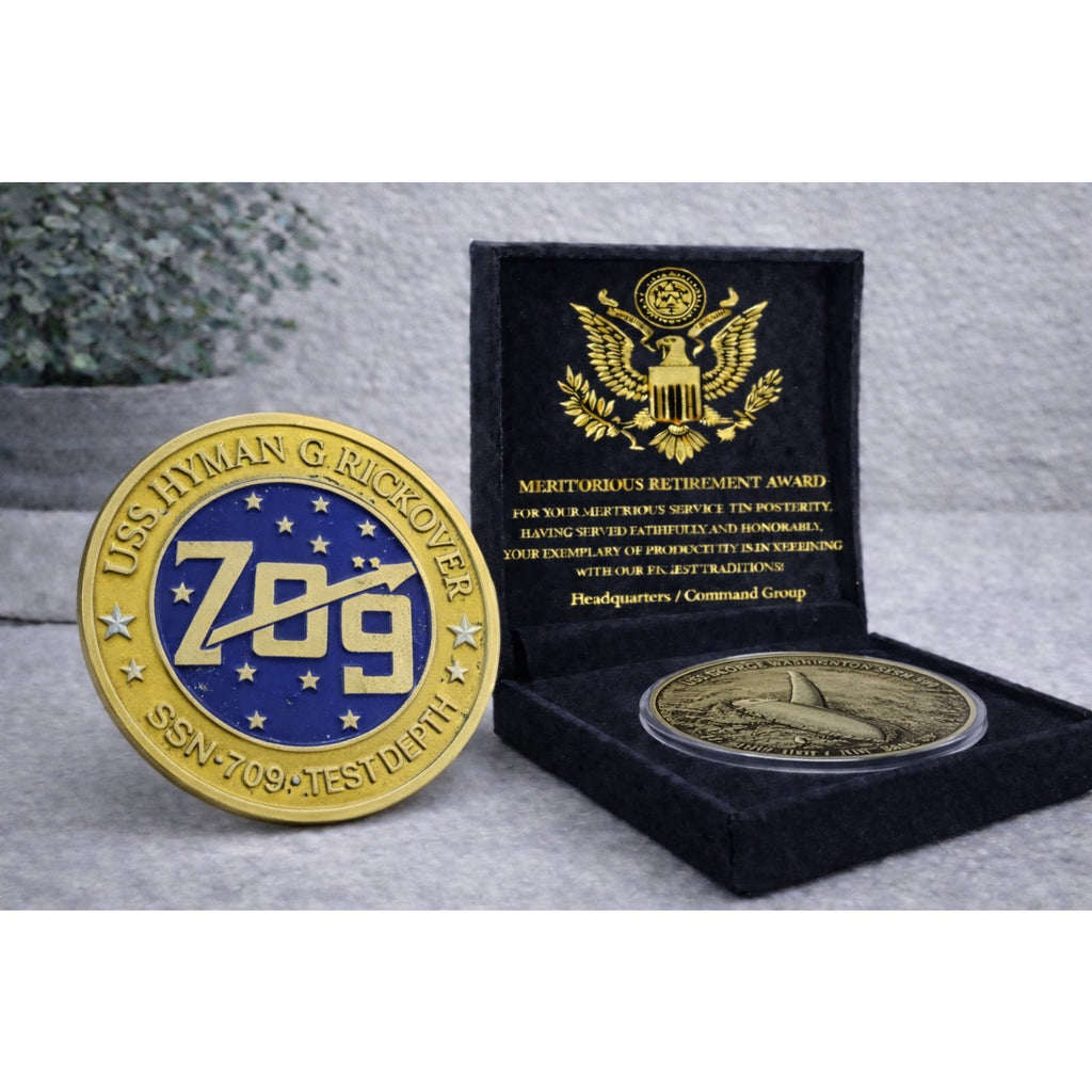 USS Hyman G Rickover SSN 709 Submarine Challenge Coin USN w/ Retirement Award