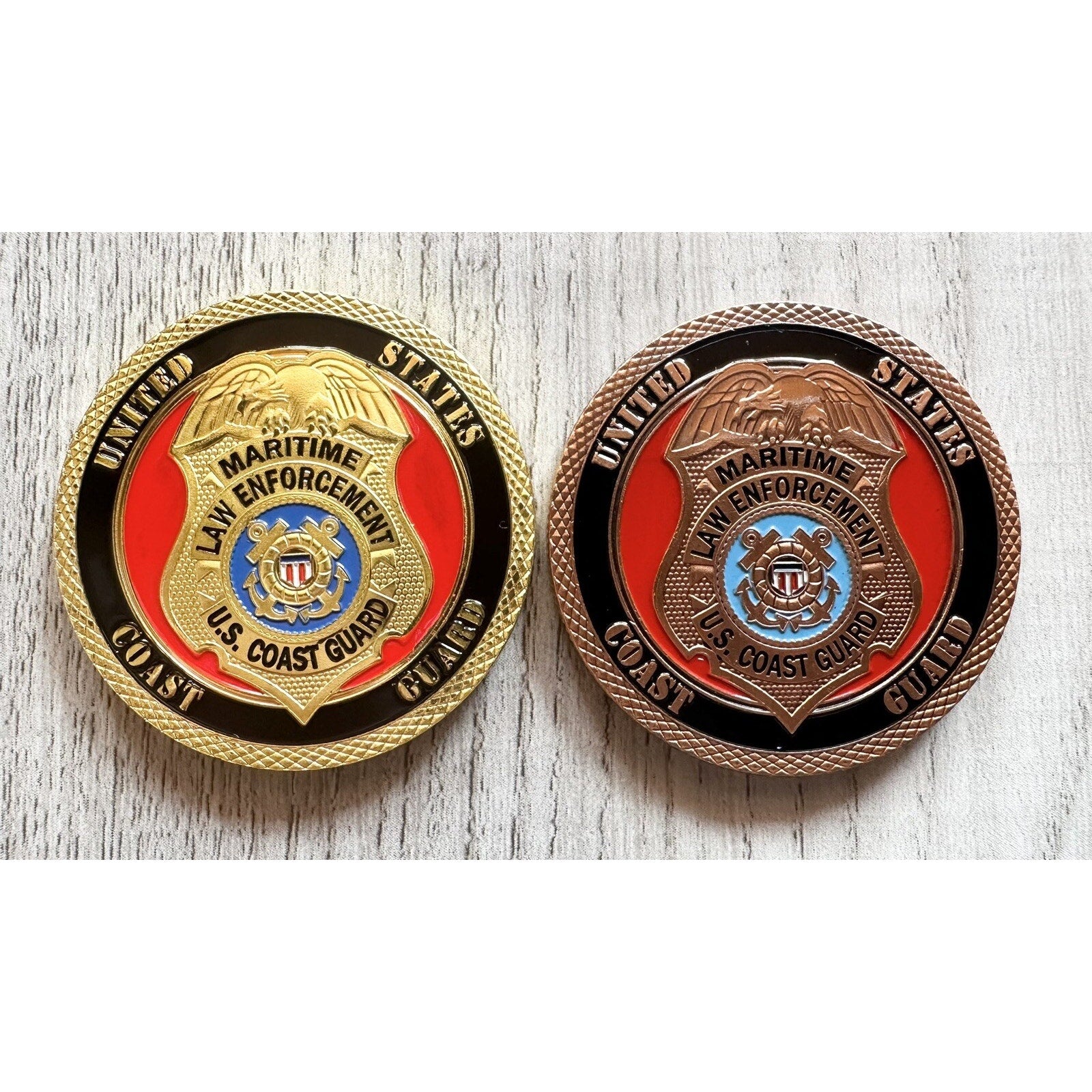 2 pcs US COAST GUARD MARITIME LAW ENFORCEMENT Challenge Coin w/ Retirement Award