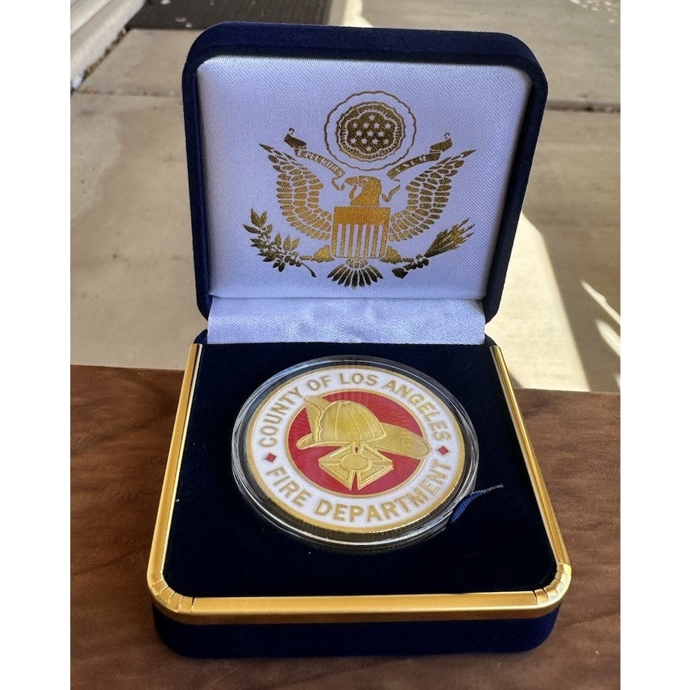 LACoFD LOS ANGELES COUNTY FIRE DEPARTMENT Gold Plated Challenge Coin With Case