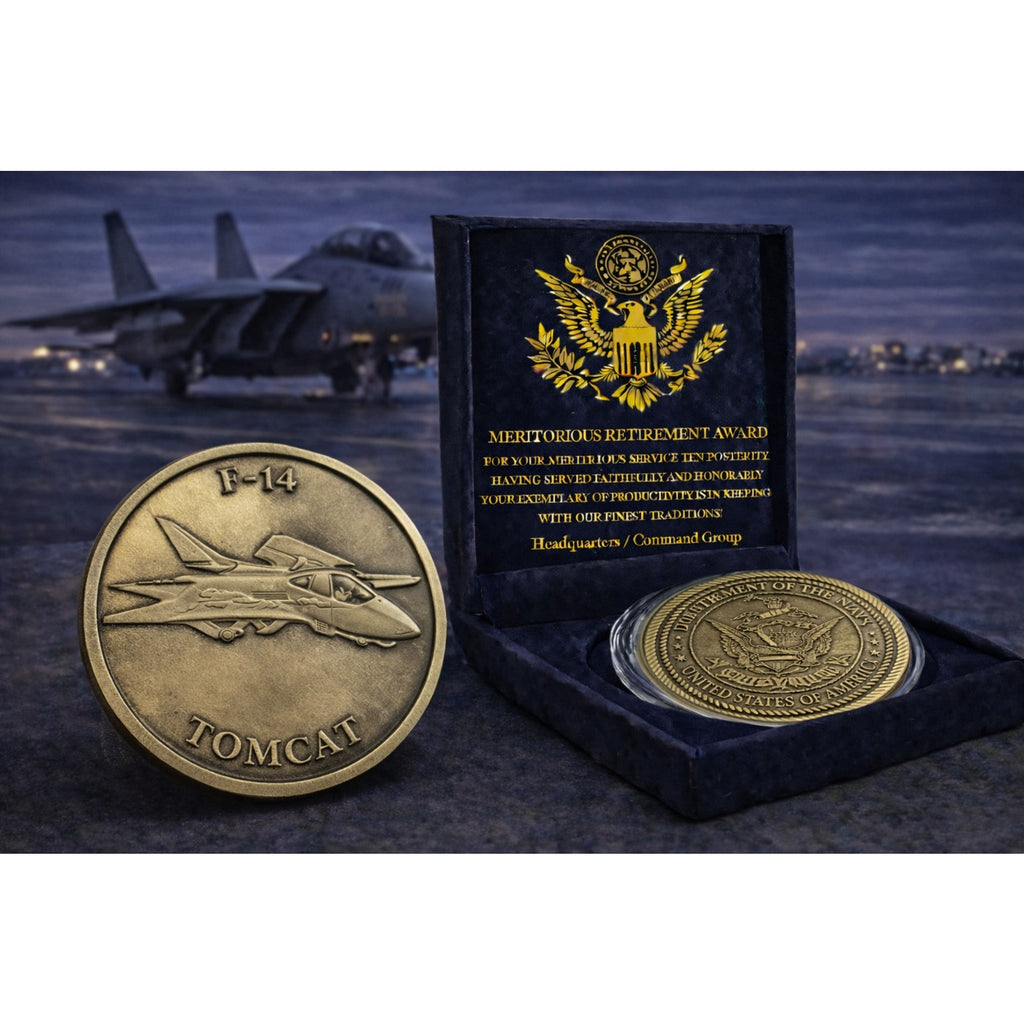 U S NAVY F-14 TOMCAT Challenge Coin w/ Retirement Award