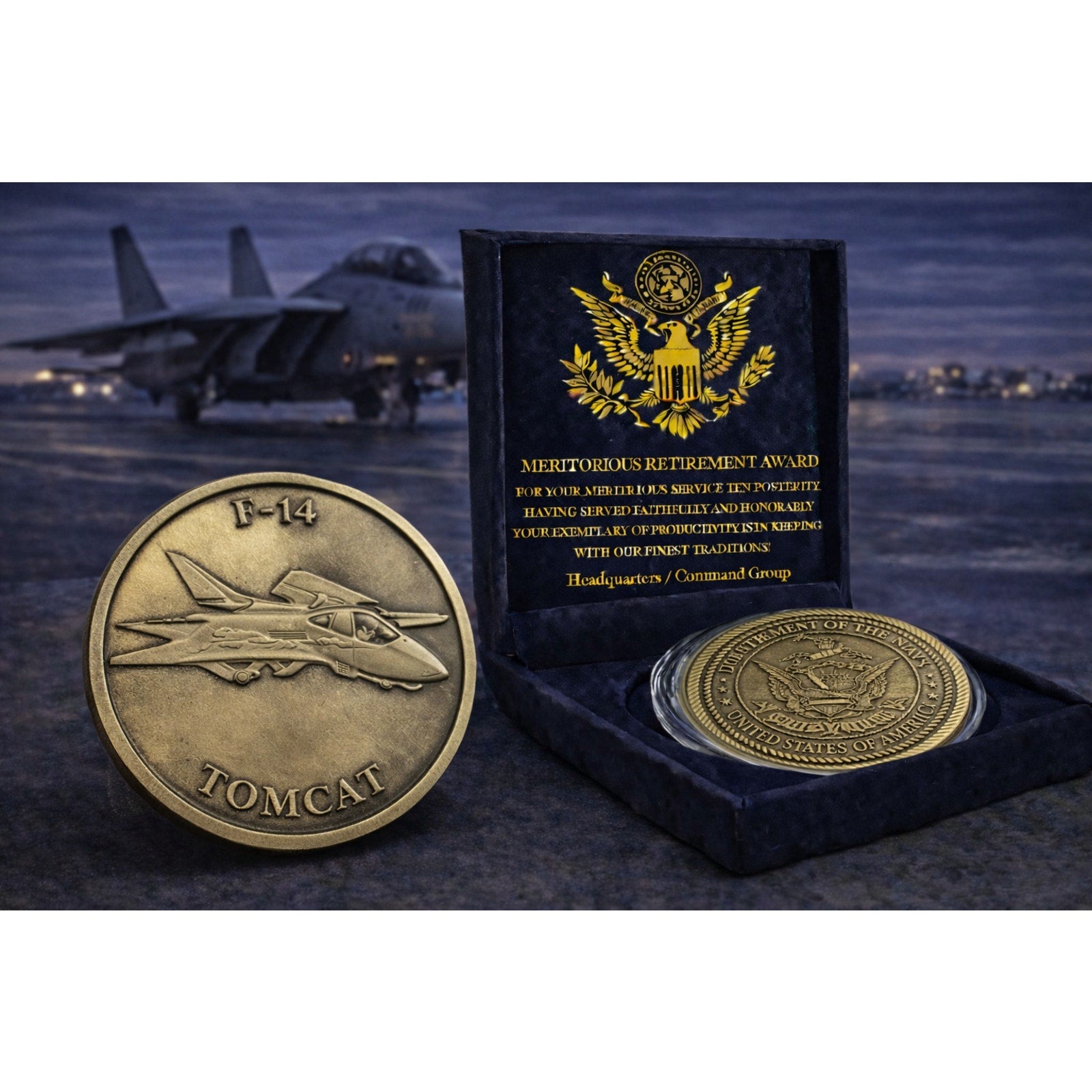 U S NAVY F-14 TOMCAT Challenge Coin w/ Retirement Award