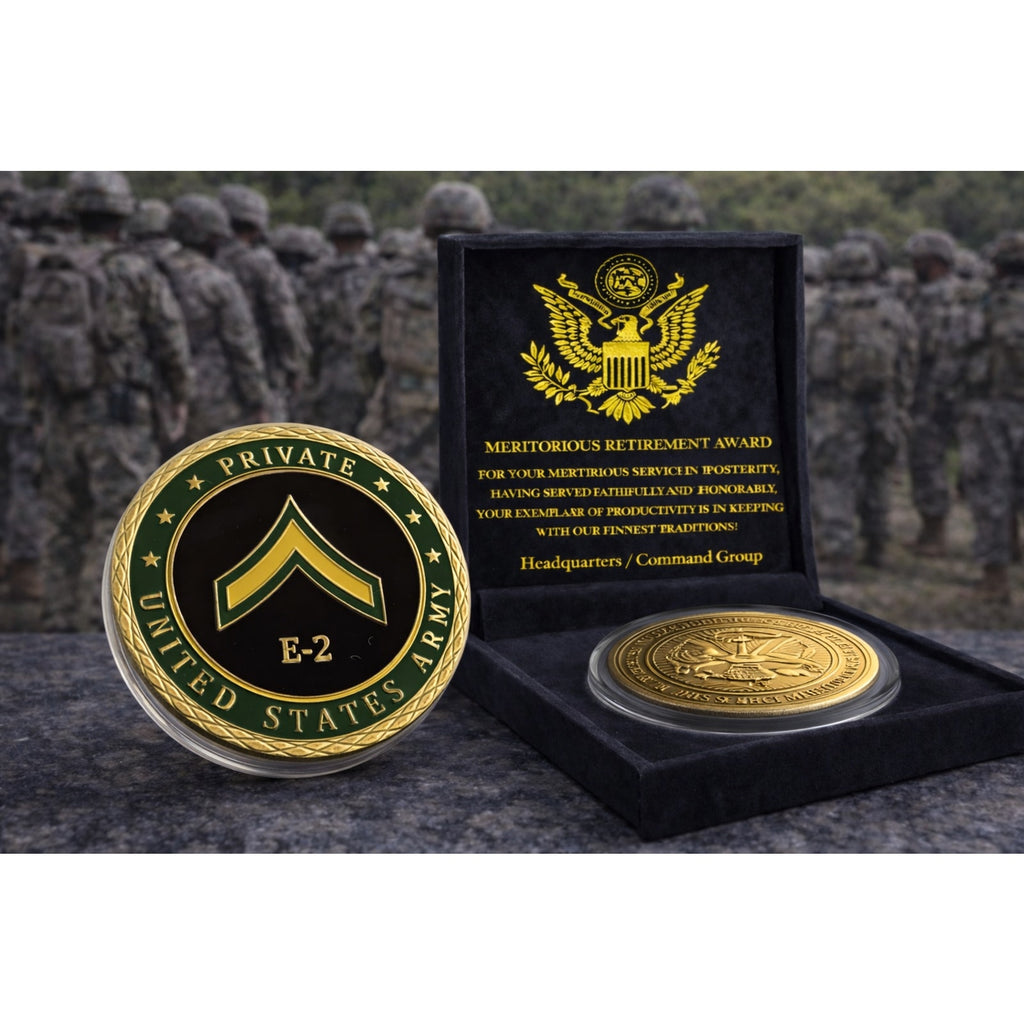 UNITED STATES ARMY - Rank PRIVATE E-2 Challenge Coin w/ Retirement Award