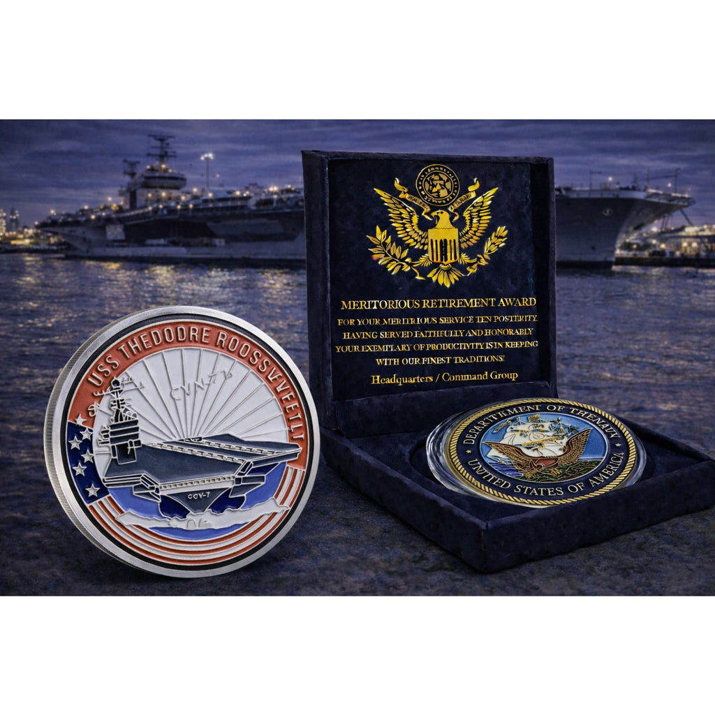 US NAVY - USS THEODORE ROOSEVELT - CVN-71 Challenge Coin w/ Retirement Award