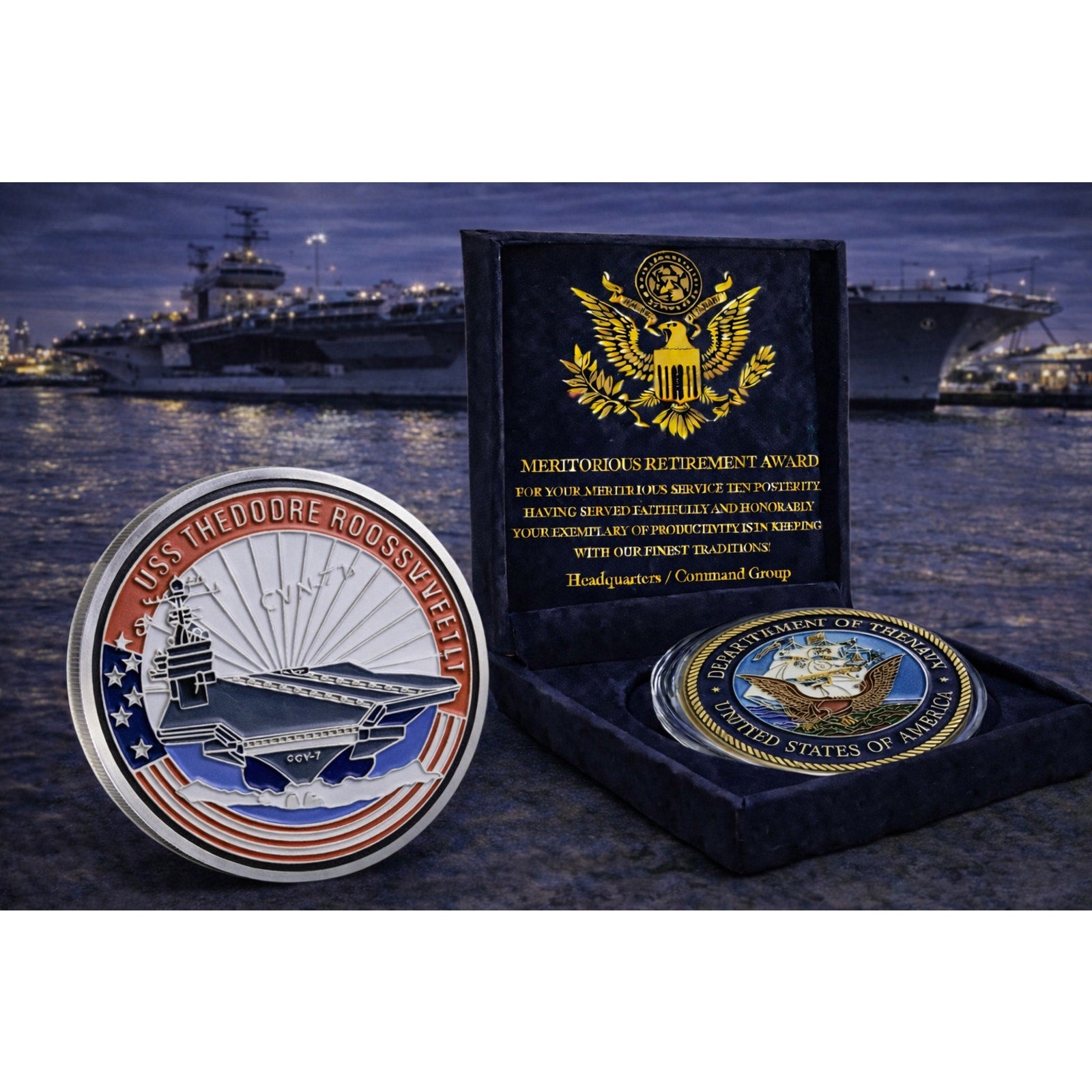 US NAVY - USS THEODORE ROOSEVELT - CVN-71 Challenge Coin w/ Retirement Award