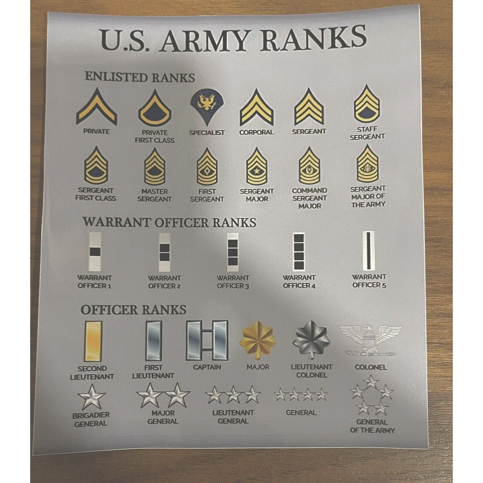 United States 🇺🇸 Army Rank Progression Chart Set Enlisted Officers Warrant
